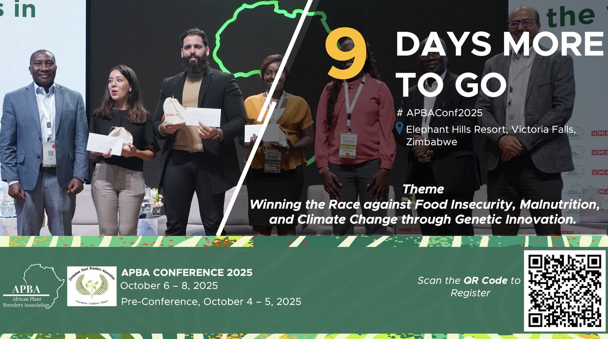 9 Days to the APBA Conference 2025!

Join us at Elephant Hills Resort, Victoria Falls, Zimbabwe, for three days of innovation, collaboration, and breakthroughs in plant breeding.

Register here: africanplantbreeders.org

#APBAConf2025