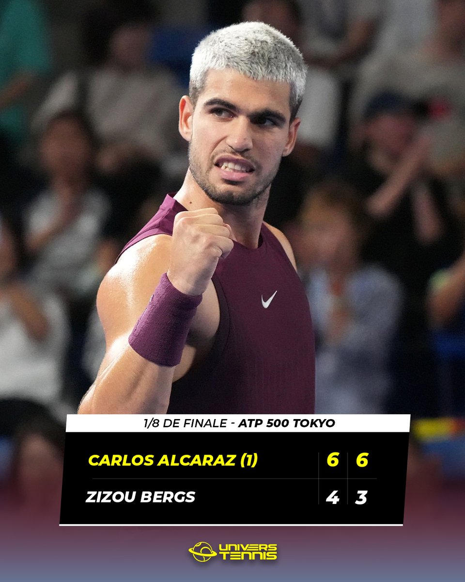 UniversTennis's tweet photo. DIRECTION LES QUARTS POUR ALCARAZ 🇪🇸

Carlos Alcaraz domine Zizou Bergs en deux sets et atteint son 53e quart de finale sur le circuit, le 13e de la saison.

Le n°1 mondial affrontera Brandon Nakashima pour une place en demi-finales du tournoi ATP 500 de Tokyo. 🇯🇵