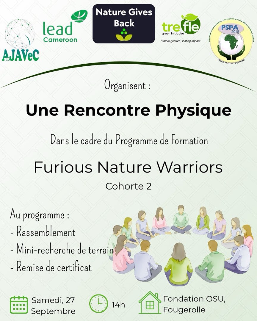 🚨 𝐑𝐞𝐧𝐜𝐨𝐧𝐭𝐫𝐞 𝐏𝐡𝐲𝐬𝐢𝐪𝐮𝐞  🚨

dans le cadre du 𝗣𝗿𝗼𝗴𝗿𝗮𝗺𝗺𝗲 𝗱𝗲 𝗙𝗼𝗿𝗺𝗮𝘁𝗶𝗼𝗻 𝗙𝘂𝗿𝗶𝗼𝘂𝘀 𝗡𝗮𝘁𝘂𝗿𝗲 𝗪𝗮𝗿𝗿𝗶𝗼𝗿𝘀 𝗖𝗼𝗵𝗼𝗿𝘁𝗲 𝟮 
Ce samedi 27 à la Fondation OSU, Fougerolle

#FuriousNatureWarriors
#ClimateAction
#NatureGivesBack