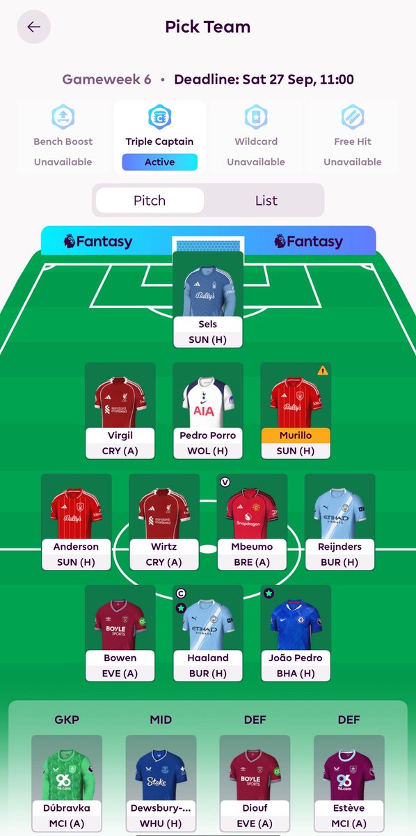 🔒 - GW6🚨
©️ - Haaland🤖👑 
🔄 - Salah, Mateta➡️ Reijnders, Haaland
🍟 - ©️©️©️

First chip of the season, triple captain on the robot! 
Double City coming in!
Expecting Diouf in for Murillo but new manager bounce?
Hopefully a big TC score incoming!
#FPL #FPLCommunity