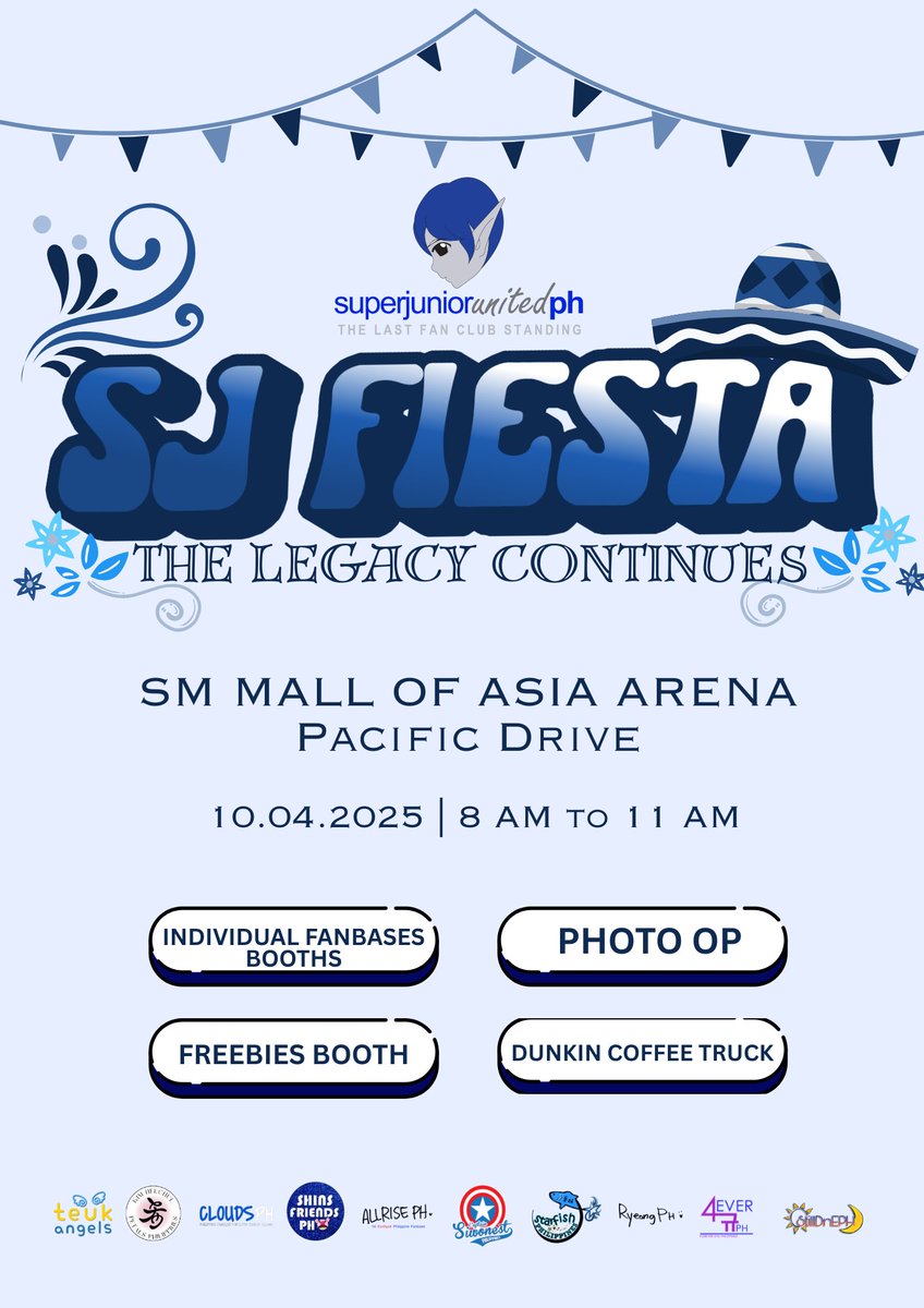 sjunitedph's tweet photo. 📢In celebration of #SS10inManila 💙

Join us at SJ Fiesta: The Legacy Continues🪅

🗓️ Oct 4, 2025
⏰ 8AM - 11AM
📍 SM MOA Arena, Pacific Drive

See you, mga kaduwende!👋🏻

Thanks to Ms. Happee &amp; 
@pulpliveworld 🙌🏼
#SJFiesta25 #SUPERJUNIOR https://t.co/2KiHXBxKOd