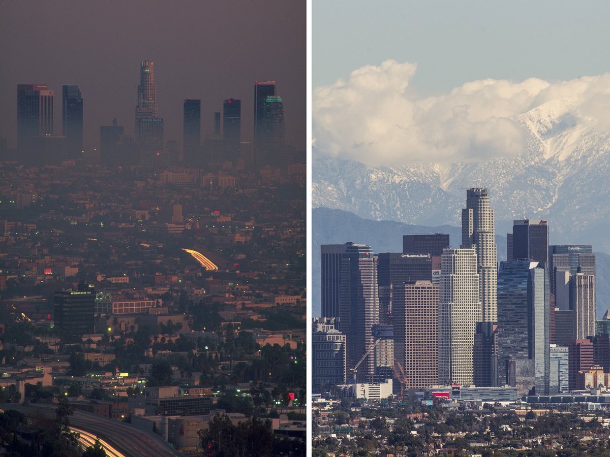 USAS_WW1's tweet image. #WorldEnvironmentalHealthDay #AirPollution #CleanAir #EVs: Clean air = longer, healthier, happier lives. Here is Los Angeles, California in the 1980s full of extremely dangerous air pollution / smog from heavily polluting cars / vehicles versus 2015. nationalgeographic.com/culture/articl…