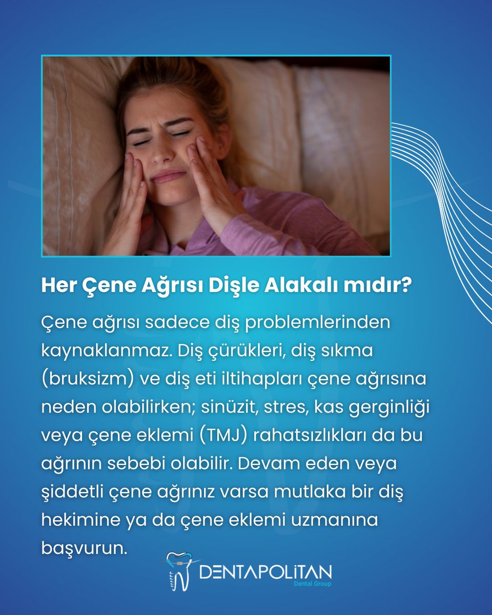 Çene ağrısı her zaman diş kaynaklı olmayabilir. 🦷
Diş çürükleri, diş sıkma (bruksizm) ve diş eti problemleri ağrı yapabilirken; stres, sinüzit ve çene eklemi sorunları da neden olabilir.
Devam eden ağrılarda mutlaka bir uzmana danışın!

#ÇeneAğrısı #Bruksizm #Dentapolitan