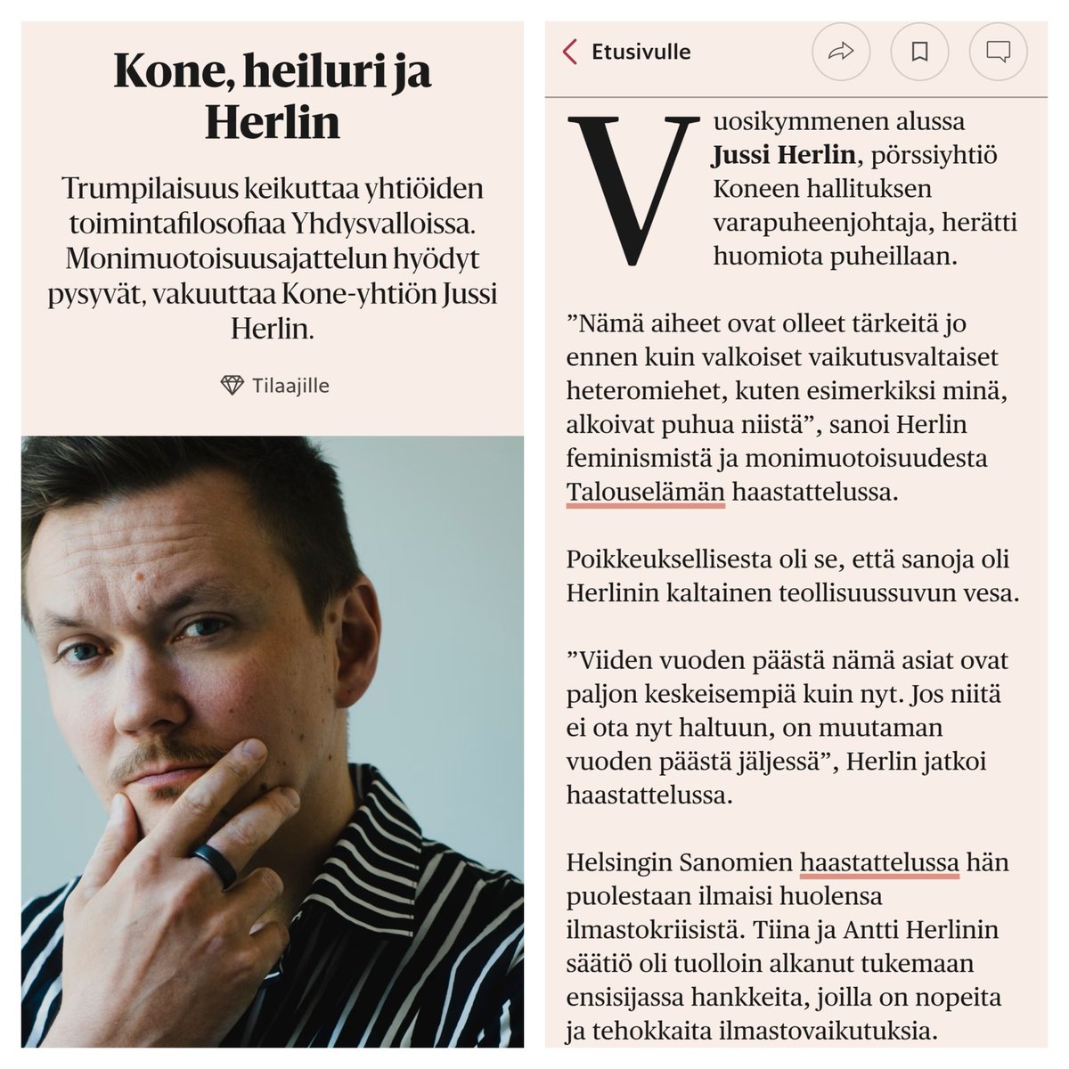 Hän ei ilman suuhun työnnettyä timanttilusikkaa olisi saanut työpaikkaa edes hissipojan nappina.