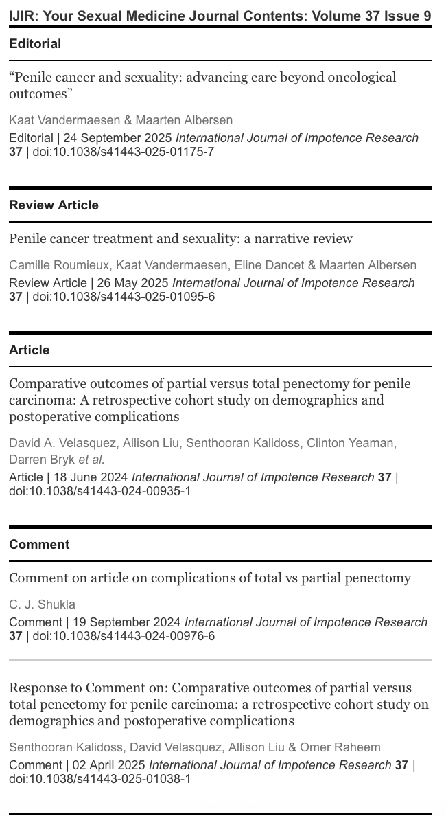 IJIR: Your Sexual Medicine Journal (@yoursexmedjour) on Twitter photo September 2025 issue of <a href="/yoursexmedjour/">IJIR: Your Sexual Medicine Journal</a> is dedicated to #PenileCancer and #Sexuality . Thanks to our guest editors <a href="/KaatVandermaes1/">Kaat Vandermaesen</a> & <a href="/MaartenAlbersen/">Maarten Albersen</a>
To read the special issue for FREE 👉 nature.com/collections/ii… September 2025 issue of <a href="/yoursexmedjour/">IJIR: Your Sexual Medicine Journal</a> is dedicated to #PenileCancer and #Sexuality . Thanks to our guest editors <a href="/KaatVandermaes1/">Kaat Vandermaesen</a> & <a href="/MaartenAlbersen/">Maarten Albersen</a>
To read the special issue for FREE 👉 nature.com/collections/ii…