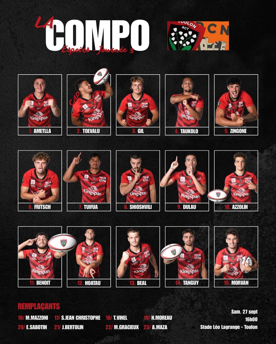 𝐋𝐀 𝐂𝐎𝐌𝐏𝐎 - 𝐄𝐒𝐏𝐎𝐈𝐑𝐒

Voici les 23 joueurs qui affronteront le RCN cet après midi 🔴⚫️

Rendez-vous à 16h00 au stade Léo Lagrange à Toulon 😍 

#ParceQueToulon