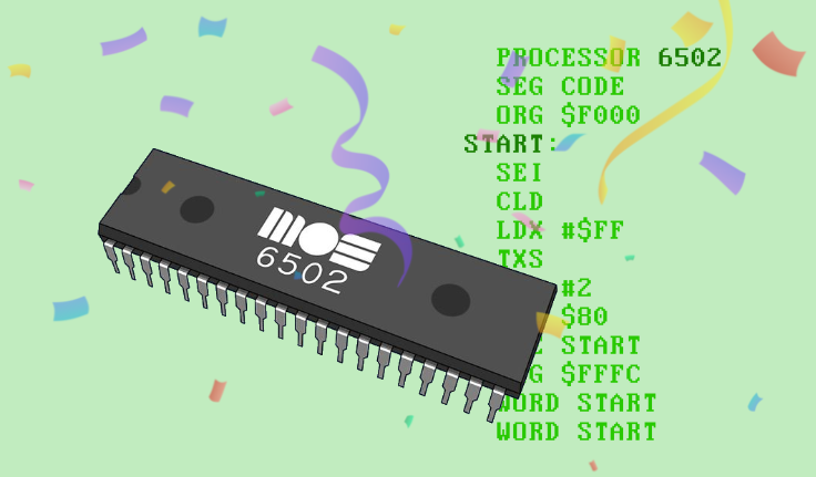 pikuma's tweet image. Our beloved 6502 was released 50 years ago! ❤️🎉

The first samples of the 6502 CPU were released at the WESCON trade show in September 1975. Designed by a small team led by Chuck Peddle at MOS, its low cost drove the personal computer revolution of the 70s and 80s.