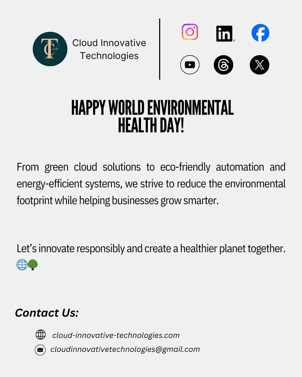 CloudInnovTech's tweet image. At Cloud Innovative Technologies, we’re committed to building a future where technology and sustainability go hand in hand. 🌱⚡
#WorldEnvironmentalHealthDay @ServiceNow  @ServiceNowRSRCH  @ServiceNowNews @WeUseServiceNow @HelloKnowledge @LifeAtNow @Odoo @XCorpIndia @Google @X