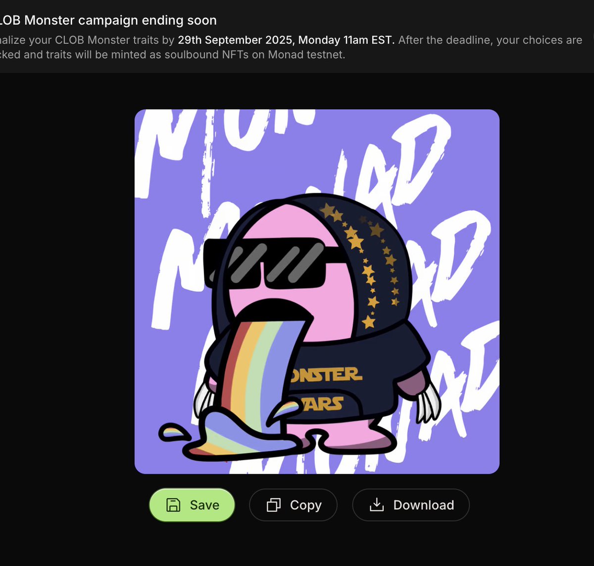 Gmonad，融资一千万的生态项目 <a href="/KuruExchange/">Kuru (mainnet arc)</a>   测试网活动就要结束了，记得装扮保存自己的kuru小怪兽。

29号前装扮完保存后面项目方会空投SBT到钱包
🚪：kuru.io/avatar

都在说十月要来主网了，做好收尾，狠狠期待，等主网上线再接着当农民🤩