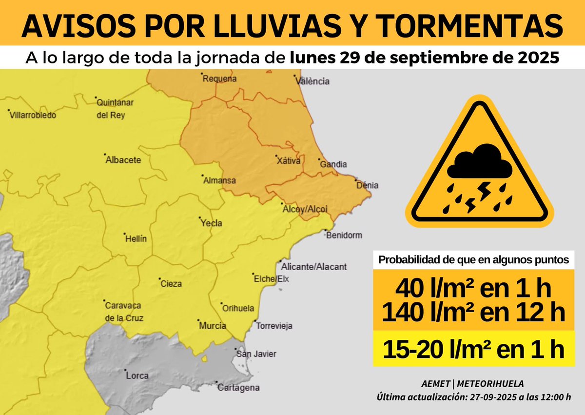 La inminente llegada del ex-huracán #Gabrielle a la fachada occidental #PenínsulaIbérica, abrirá también las puertas a la inestabilidad en el Mediterráneo. Pasado mañana lunes (29/09/2025), a lo largo de toda la jornada, avisos por #lluvias y #tormentas en el sureste peninsular.