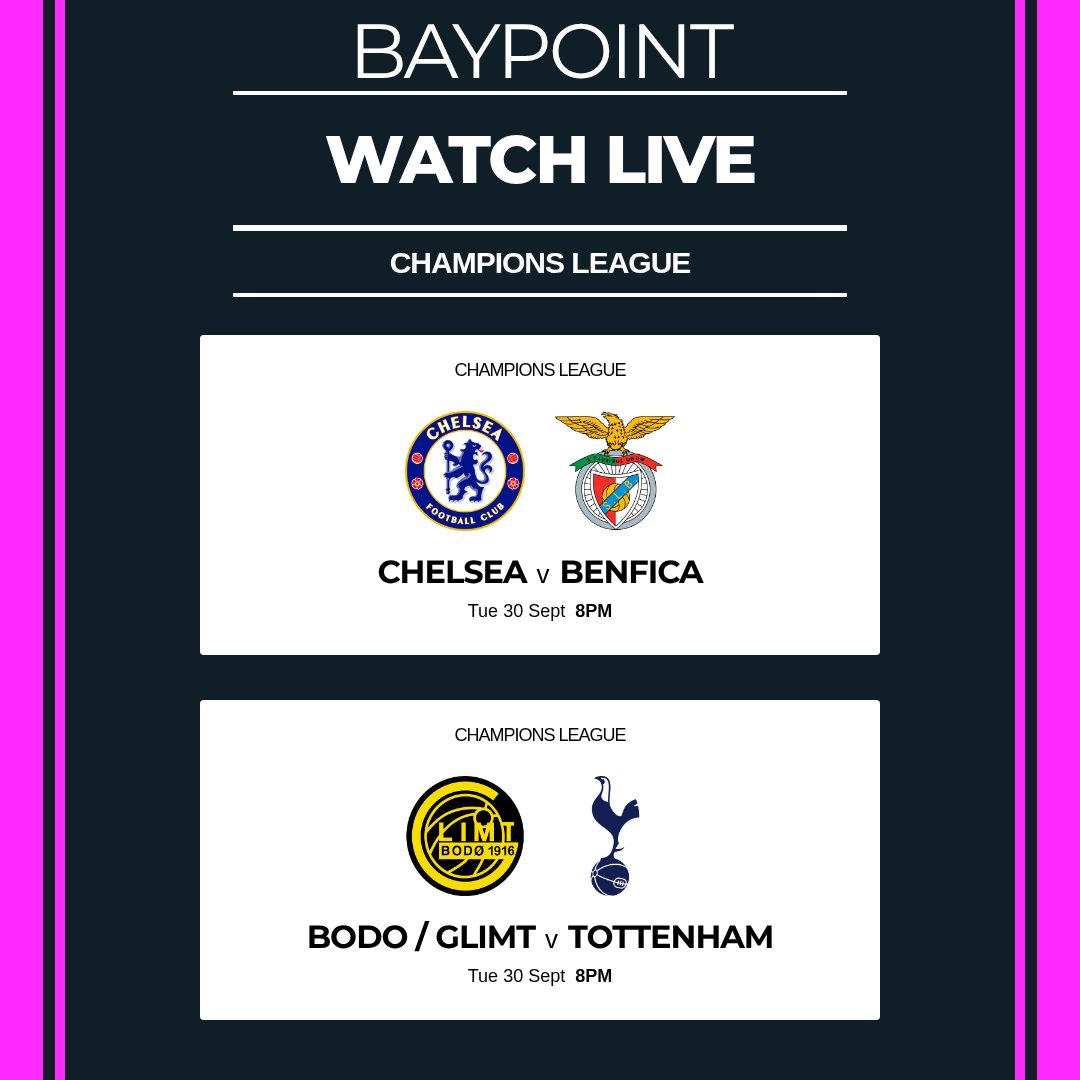 ⚽🔥 One of the best nights of the week! 🔥⚽
📺 Champions League action this Tuesday at Baypoint - two great games live on the big screens.
🍻 Bar open | 🙌 Members get 10% off

See you Tuesday night!

#Sandwich #Thanet #Baypoint #ChampionsLeague #SkySports #TNTSports