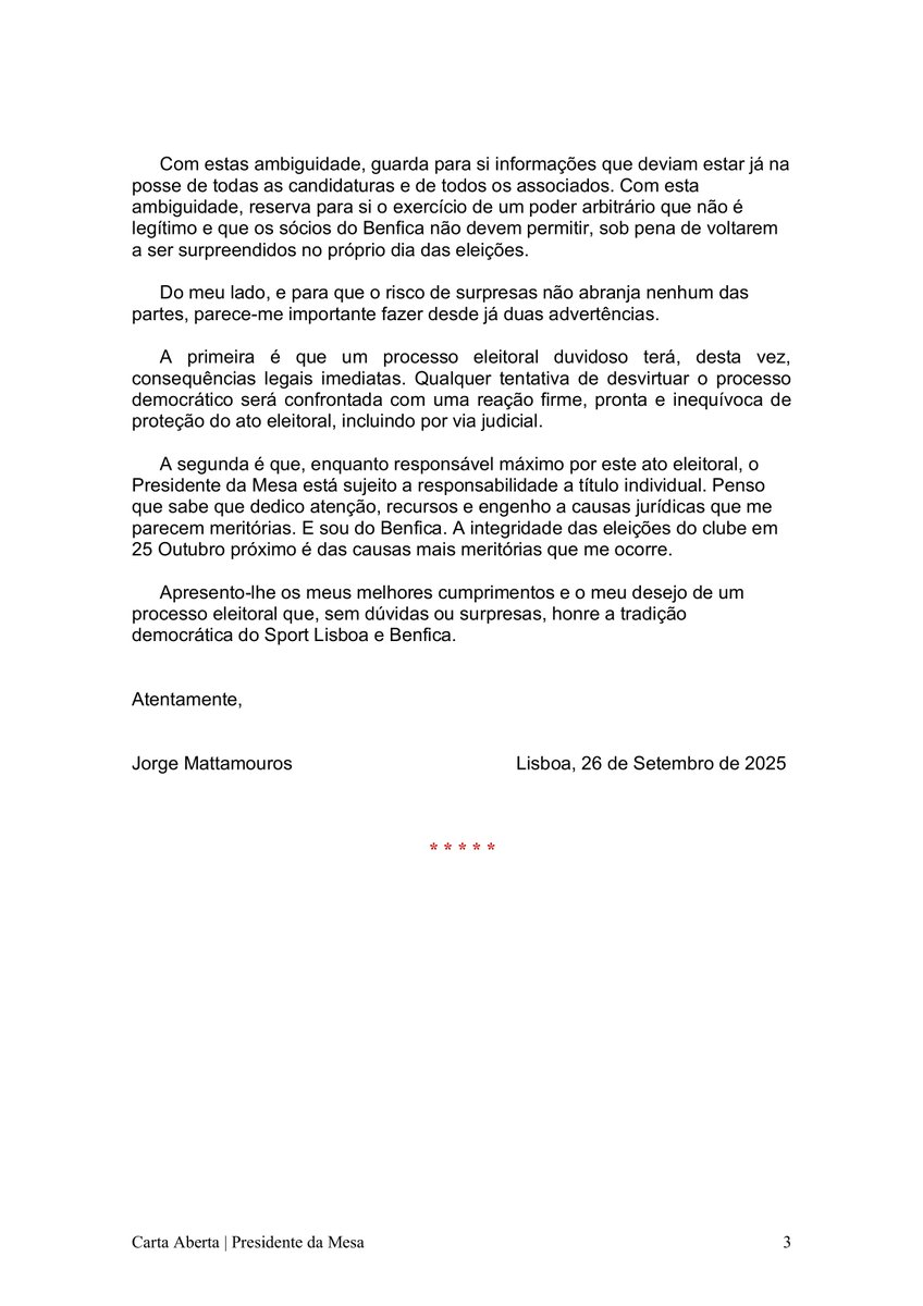 Carta Aberta ao Presidente da Mesa da Assembleia Geral do <a href="/SLBenfica/">SL Benfica</a>