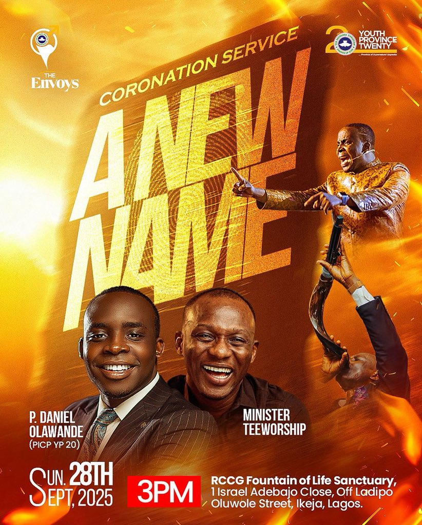 The Lord is set to give us a new name at the Envoys <a href="/rccgtheenvoys/">RCCG - THE ENVOYS</a> and YP 20 <a href="/rccgyptwenty/">RCCG YOUTH PROVINCE 20</a> 

Don’t miss this prophetic coronation service on Sunday. It is going to be very powerful.

Come with a list of names you don’t want to bear anymore (e.g., sick, poor, weak) and a plain