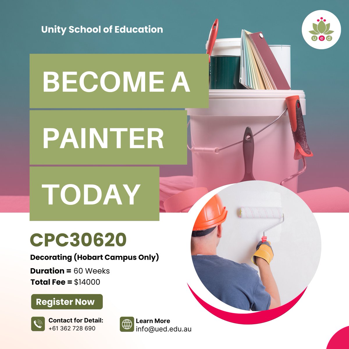 UnitySchoolD's tweet image. Ready to build a colorful career?
Turn your passion for creativity into a profession with our CPC30620 Certificate III in Painting &amp;amp; Decorating at Hobart Campus.
📌 Duration: 60 Weeks
💲 Total Fee: $14,000
📍 Location: Hobart Campus Only