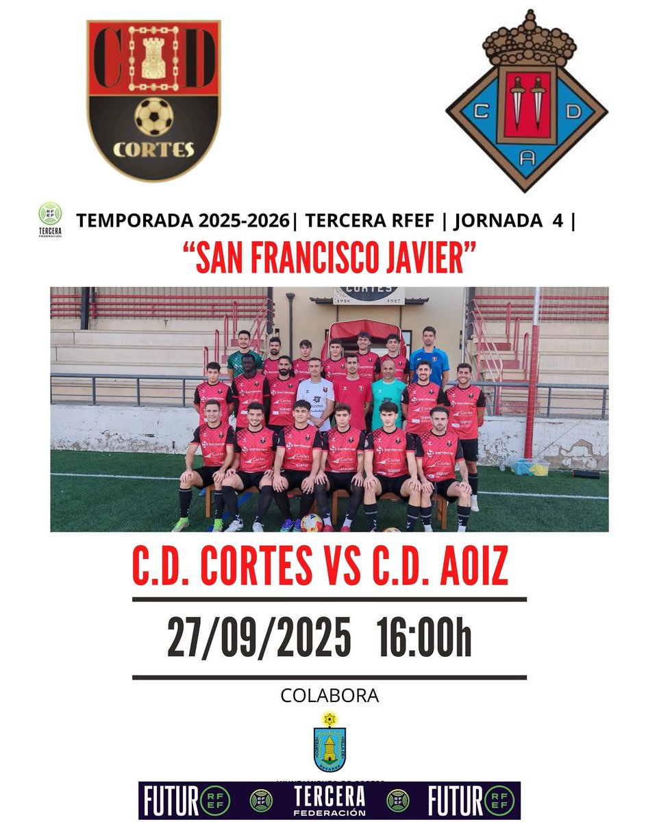 Este Sábado todos al campo a animar al equipo contra C.D. AOIZ ¡Vamos Rojillos! 
 #VamosCortes