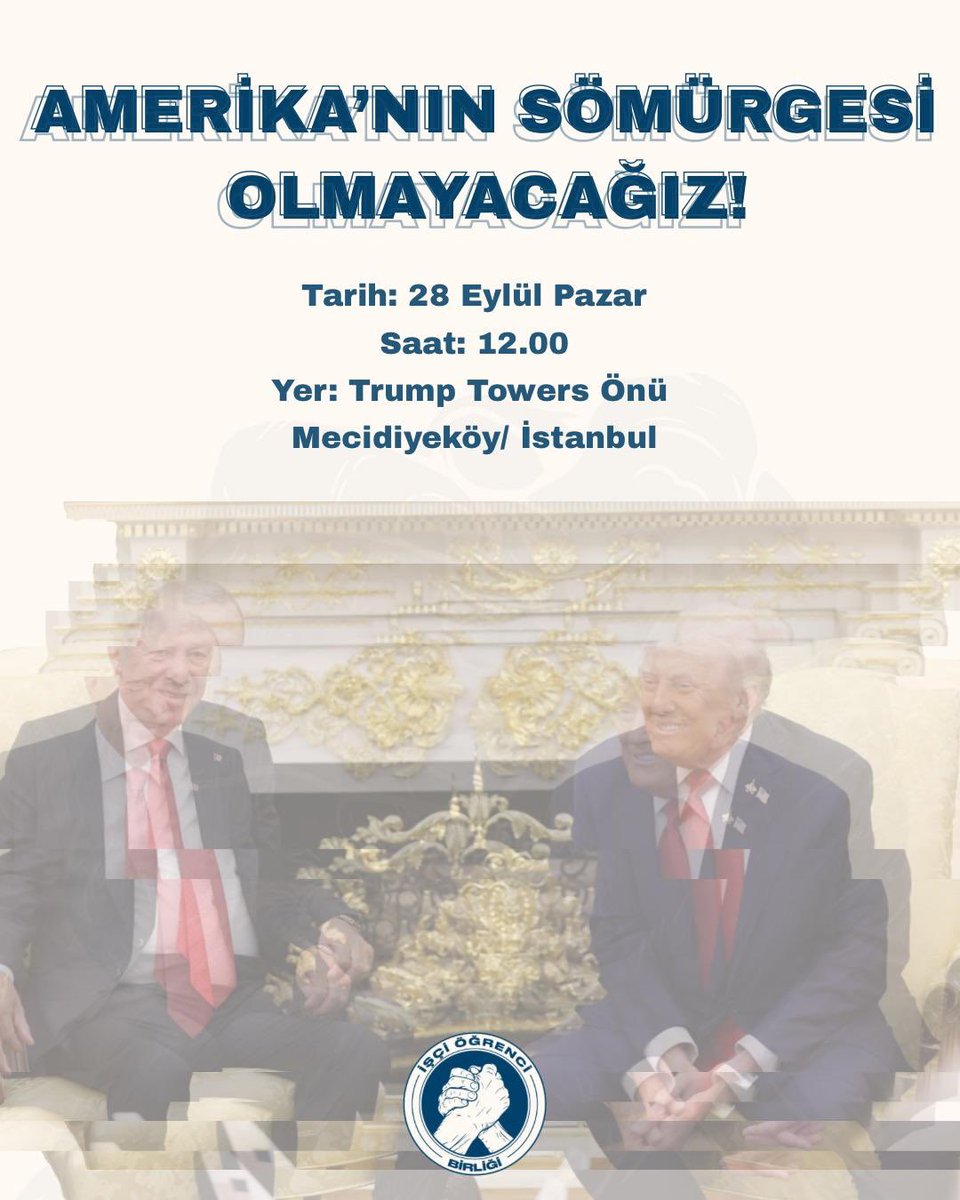 Ülkemizin onurunun, insanlık düşmanı katil ABD’nin başkanı Donald Trump tarafından ayaklar altına alınmasına halkımızın geleceği için ses çıkarıyoruz.

Bütün yurtseverleri ve demokratik kitle örgütlerini basın açıklamamıza çağırıyoruz.

İşçi Öğrenci Birliği