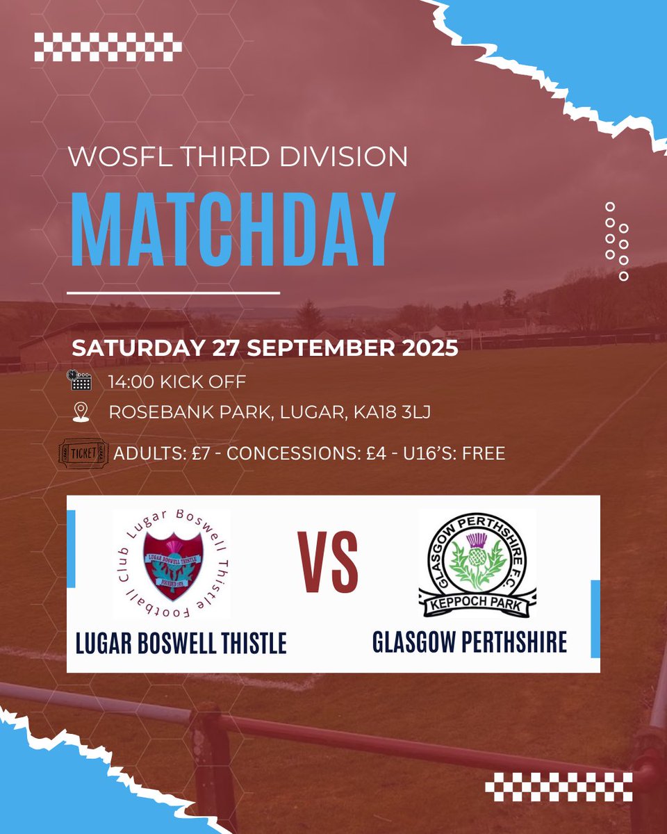 LugarFC1878's tweet photo. 🏠| 𝑰𝑻’𝑺 𝑴𝑨𝑻𝑪𝑯𝑫𝑨𝒀
A return to league action today as we host Glasgow Perthshire at Rosebank.
Match details below 👇
#ATJB https://t.co/dQfvsuM64t