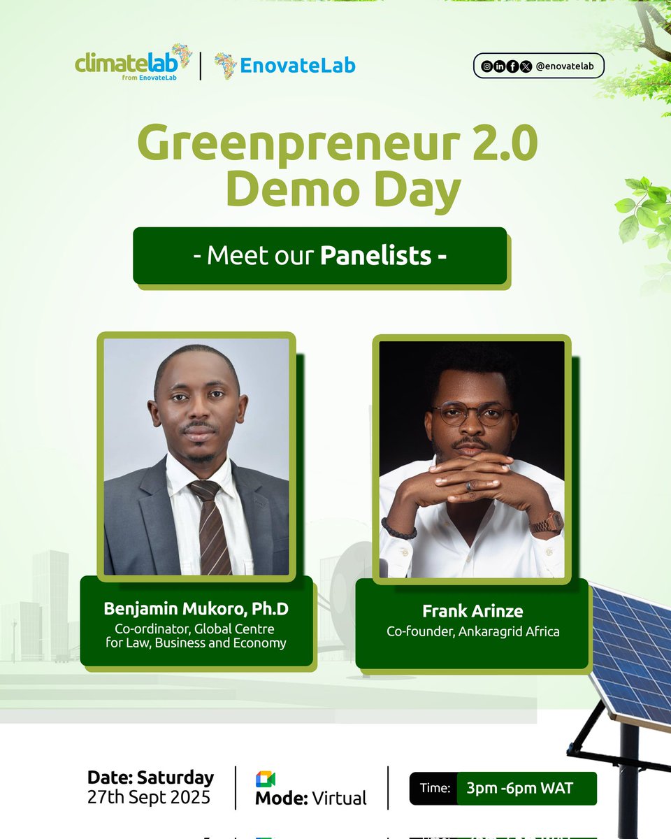Meet our panelists for #Greenpreneur incubation program 2.0 Demo Day( Evening Session)

 Benjamin Mukoro is the Co-ordinator of GCLBE.

 Frank Arinze is the Co-founder of Ankaragrid Africa.