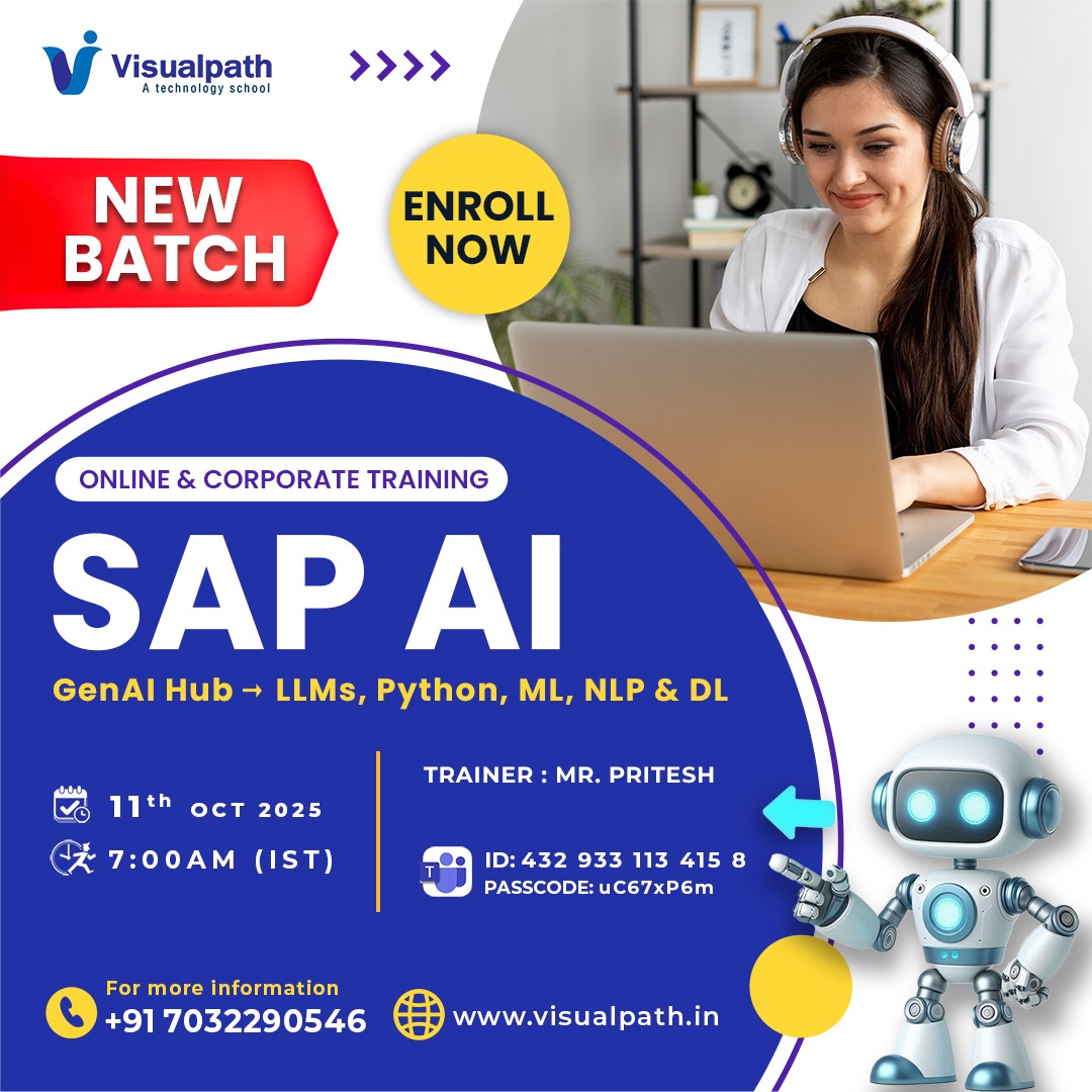 VisualpathPro's tweet image. 🌟 New Batch – SAP AI Online Training!
📅 Date &amp;amp; Time: 11th Oct 2025 | 7:00 AM IST
🔗 Meeting Link: bit.ly/4nRpJZK
🆔 Meeting ID: 432 933 113 415 8 | 🔑 Passcode: uC67xP6m 
📞 Call/WhatsApp: wa.me/c/917032290546 
🌐 Visit: visualpath.in/sap-artificial…
#SAPAI #SAPTraining