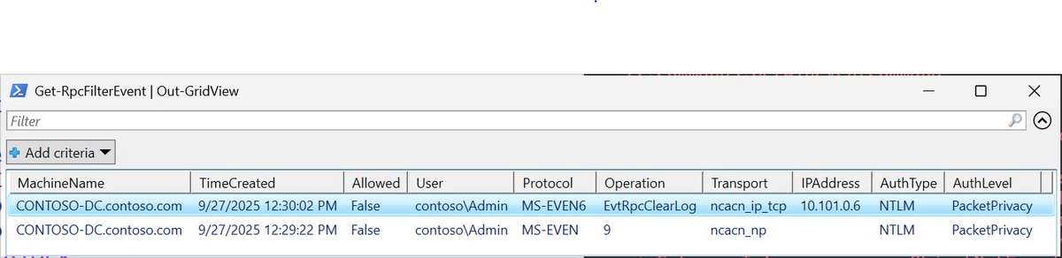 Windows EventLog Remoting Protocol hardening using RPC filters: Block legacy MS-EVEN, restrict MS-EVEN6 to RPC over TCP/IP, and block the EvtRpcClearLog call (requires Windows Server 2025).
And what is YOUR favorite RPC filter? #DSInternals