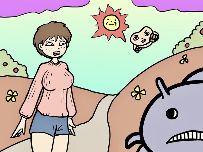 道を通せんぼしてる虫に困っているデカパイ女子を助けようとこの後返り討ちに合うとも知らずに駆けつけるタペコンの図。 #絵描きさんと繋がりたい #落書き 漫画あと5ページ!