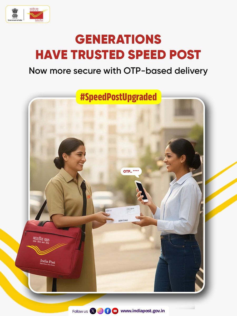 IndiaPostOffice's tweet image. Trust that spans generations has just been upgraded! Speed Post now brings OTP-based delivery, ensuring your parcels reach the right hands safely and securely. 

Experience the next level of reliability with every delivery.

Click to know more: pib.gov.in/PressReleasePa…

#IndiaPost