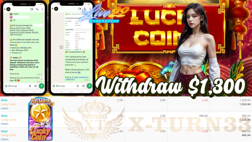 Xturn33's tweet photo. 🎊 Congratulation To Player Get  🎊 BIGWIN 🎊

🕹 Platform : Live22
🎲 Game Name : Lucky Coin 
💵 Deposit ► AUD 14
💸 Withdrawal ► AUD$1,300

Find Us On :
WhatsApp📲 https://t.co/ldPxBRCt0E
Telegram📲   @Xserviceaus2+ https://t.co/KTX0nH3un9