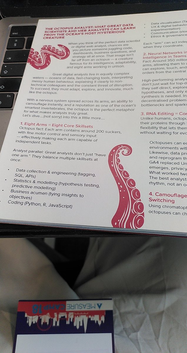 w0nvel's tweet photo. It has started! My favourite conference of the year on #data &amp; #analytics.

Looking forward to learn more about #measurement, #testing and maybe some #AI?

❤️ this year's octopus 🐙 context with the 8 skillets including technical and business skills for analysts.
@MeasureCampLDN https://t.co/myrREbxawT