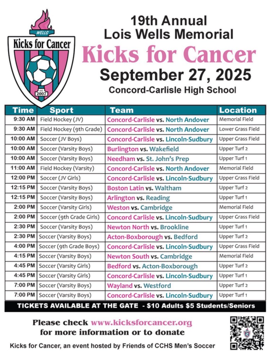 It’s finally here: Kicks for Cancer is today! Here is the schedule of events for today: we hope to see you there!