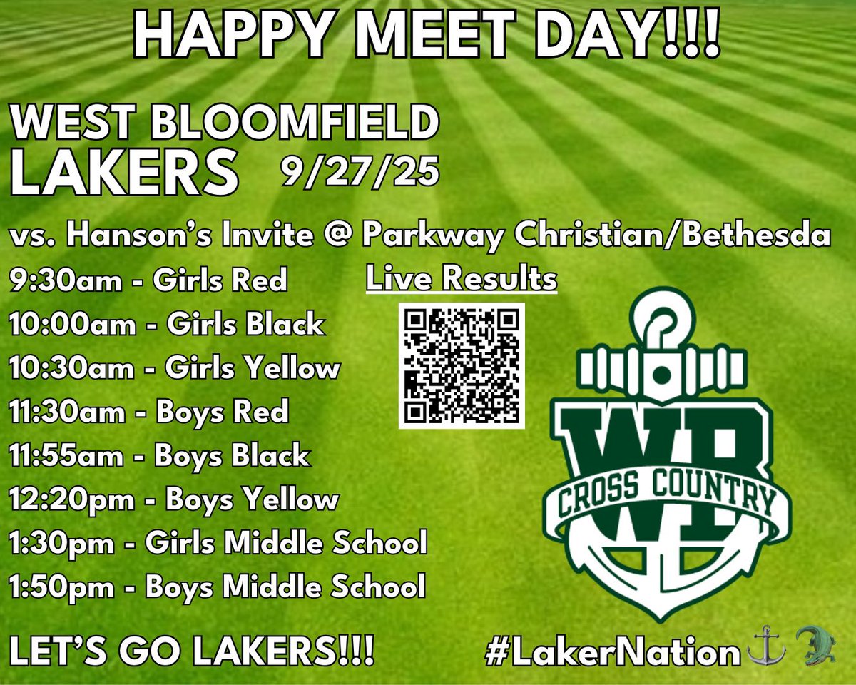 HAPPY MEET DAY!!!
9/27/25 | Hanson’s Invite @ Parkway Christian
9:30am - Girls Red
10:00am - Girls Black
10:30am - Girls Yellow
11:30am - Boys Red
11:55am - Boys Black
12:20pm - Boys Yellow
1:30pm - Girls MS
1:50pm - Boys MS
LIVE RESULTS: runsignup.com/Race/MI/Sterli… 
#LakerNation⚓️🐊