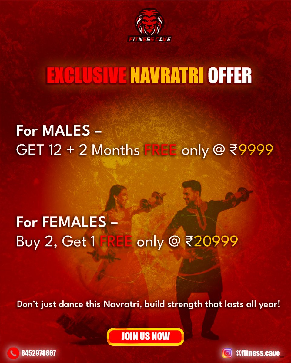 Fitnesscave2025's tweet image. ✨ This Navratri, let’s level up both dance moves &amp;amp; fitness goals! 💪
Celebrate 9 days of strength, energy &amp;amp; transformation with Fitness Cave’s Navratri Special Offer 🪔🔥

#Navratri2025 #FitnessCave #StrengthInEveryStep #goregaon #goregoanwest #Mumbai #gymoffer #festiveoffer