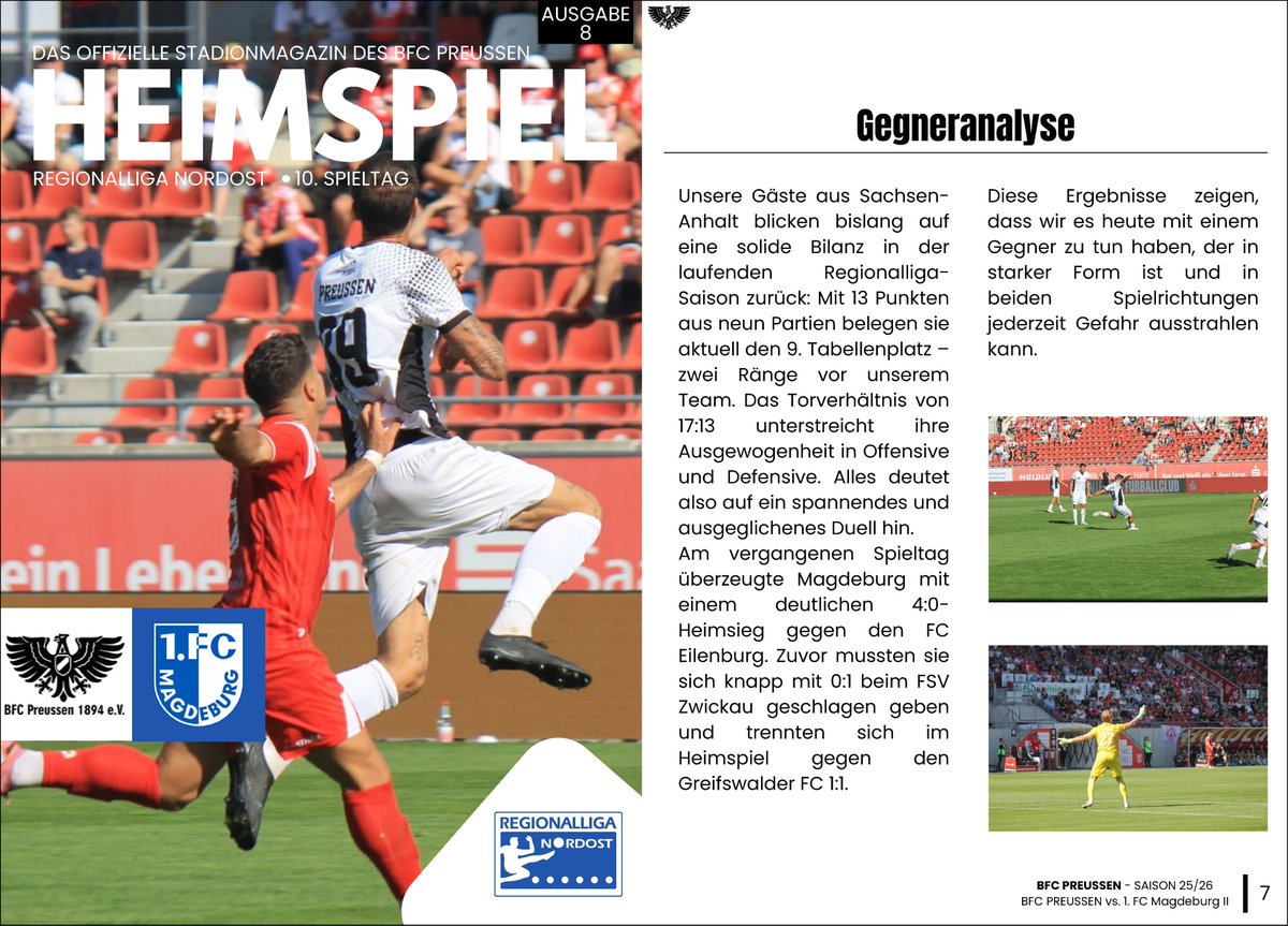 fussballarchiv1's tweet image. Der BFC Preussen gibt zum heutigen Spiel der Regionalliga Nordost gegen die U23 des 1. FC Magdeburg ein digitales Stadionmagazin heraus. Hier die Titelseite und die Gegneranalyse. #programmheft #EINMALIMMER Download auf der Seite zum Spiel: bfc-preussen.de/heimspiel-gege…