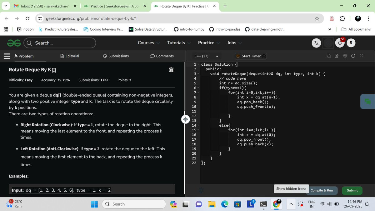 57sanikaK's tweet image. ⚡ DSA Grind today:
Consecutive Bit Flips – sliding window
Rotate Queue – deque operations
Generate Binary Numbers – BFS using queue
Learning one pattern at a time, leveling up
#DSA #100DaysOfCode #DevCommunit