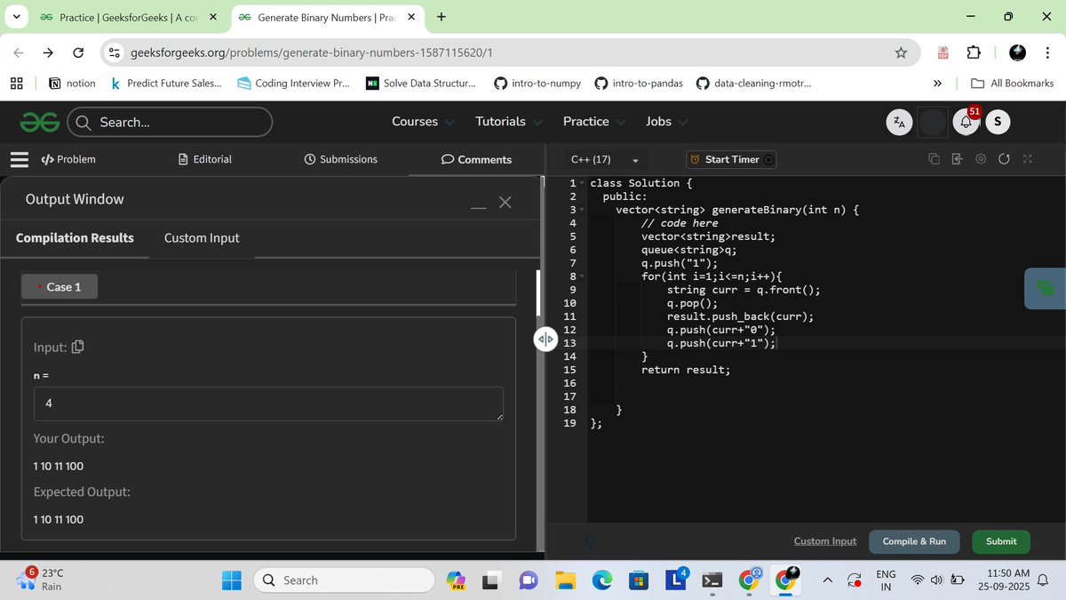 57sanikaK's tweet image. ⚡ DSA Grind today:
Consecutive Bit Flips – sliding window
Rotate Queue – deque operations
Generate Binary Numbers – BFS using queue
Learning one pattern at a time, leveling up
#DSA #100DaysOfCode #DevCommunit