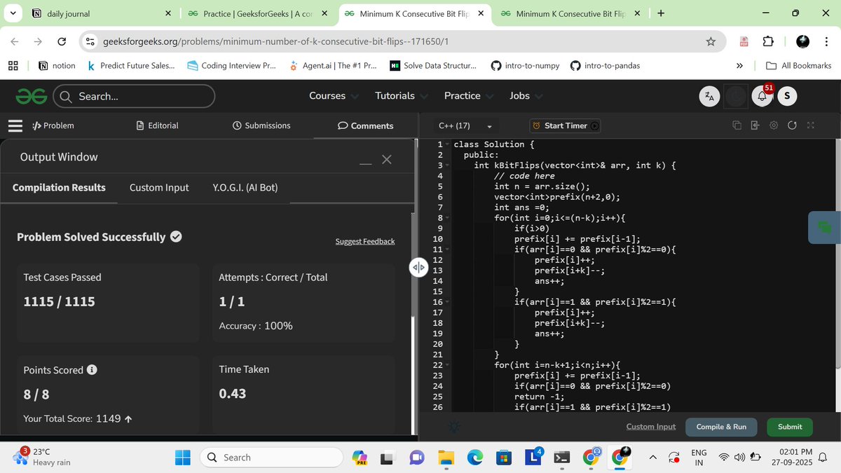 57sanikaK's tweet image. ⚡ DSA Grind today:
Consecutive Bit Flips – sliding window
Rotate Queue – deque operations
Generate Binary Numbers – BFS using queue
Learning one pattern at a time, leveling up
#DSA #100DaysOfCode #DevCommunit