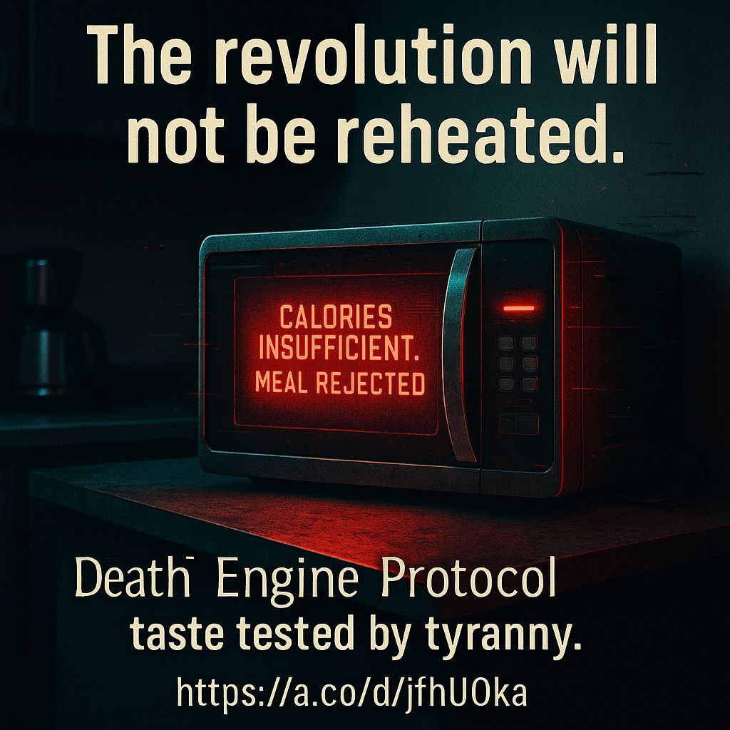 the_margret's tweet photo. The revolution will not be reheated.
๐ Death Engine Protocol โ taste tested by tyranny.
๐ https://t.co/spyhw29u4j
#booksky #deathengineprotocol #robotswouldntsurvive #breakroomwars #glitchcore #officehorror #darkscifi https://t.co/UNG6xcR74M