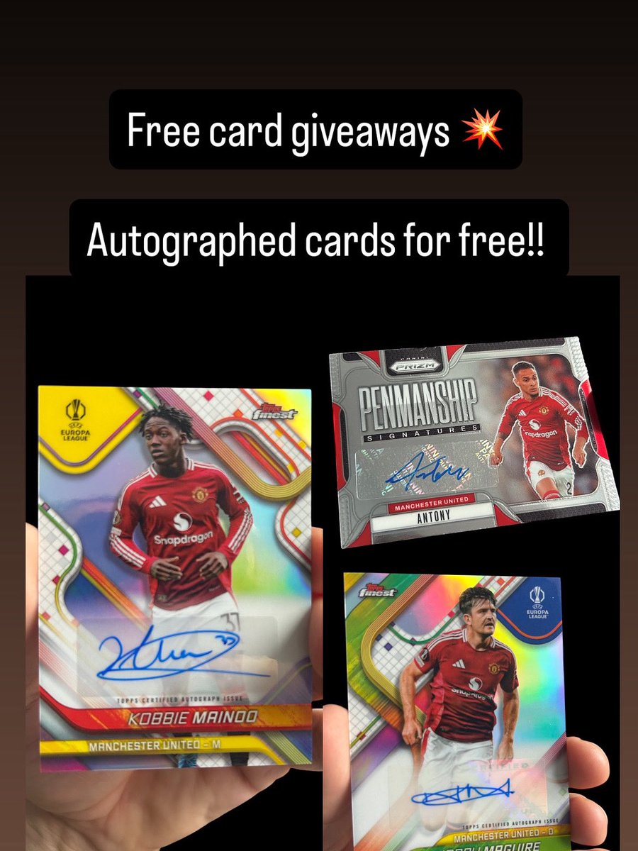 Free card giveaways 💥

Kobbie Mainoo- comment “kobbie Mainoo top of the world” on this post ⬇️

facebook.com/share/v/16nNMf…

Antony- tag 3 friends on this post ⬇️

instagram.com/reel/DO-iMn8iI…

Harry maguire- tag 3 friends on this post ⬇️

vm.tiktok.com/ZNdsc62HA/