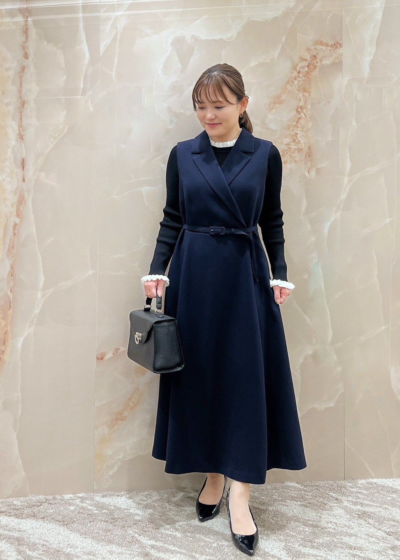 エムプルミエ　ワンピース　ネイビー　34 m,i,d, navy coordinate / リブニットドッキングティアード