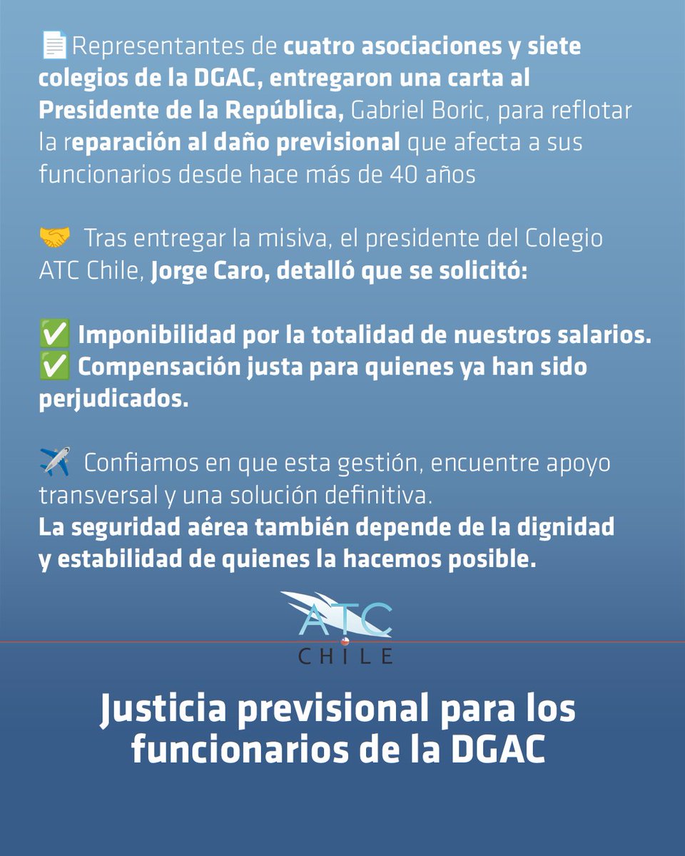 ColegioATCChile's tweet image. 4 asociaciones y 7 colegios de la DGAC solicitaron imponibilidad total de nuestros salarios y compensación justa para quienes ya han sido perjudicados. 

#seguridadaerea #seguridadoperacional #dañoprevisional #justiciaprevisional #colegioatc #colegioatcchile