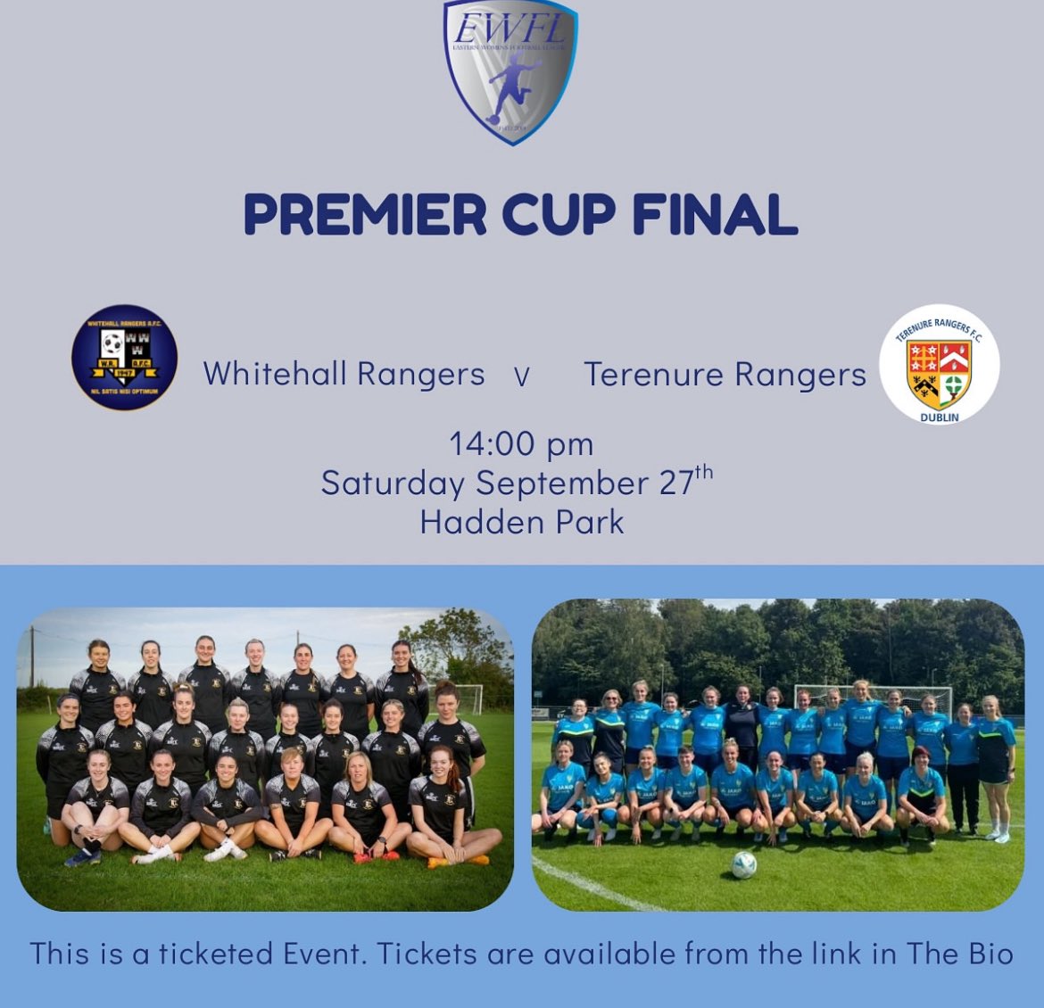 The Premier Cup Final between <a href="/terenurerangers/">Terenure Rangers FC</a> and <a href="/Whitehall_R_AFC/">Whitehall Rangers AFC</a> has been moved to Dublin Port Stadium - thanks to Derek, Rob &amp; all at <a href="/StellaMarisFC/">Stella Maris FC</a> for help when <a href="/KillesterDonny/">Killester Donnycarney FC</a> Pitch was called off due to weather