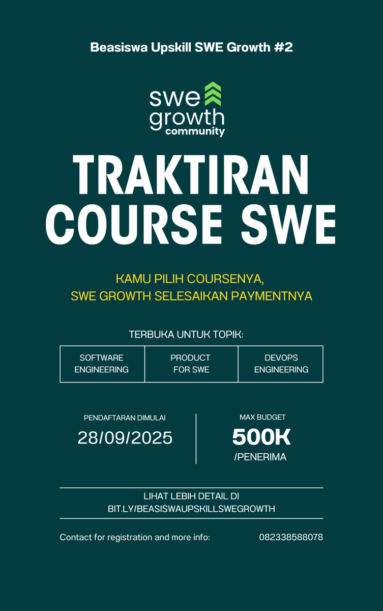 Bismillah, 
Alhamdulillah 9 Orang sudah terpilih di Beasiswa Upskill #1.
Sekarang dibuka lagi untuk jilid 2,
Traktiran Course SWE, Tinggal pilih coursenya SWE Growth yang selesaikan paymentnya.

Langsung aja, lihat selengkapnya di bit.ly/BEASISWAUPSKIL…