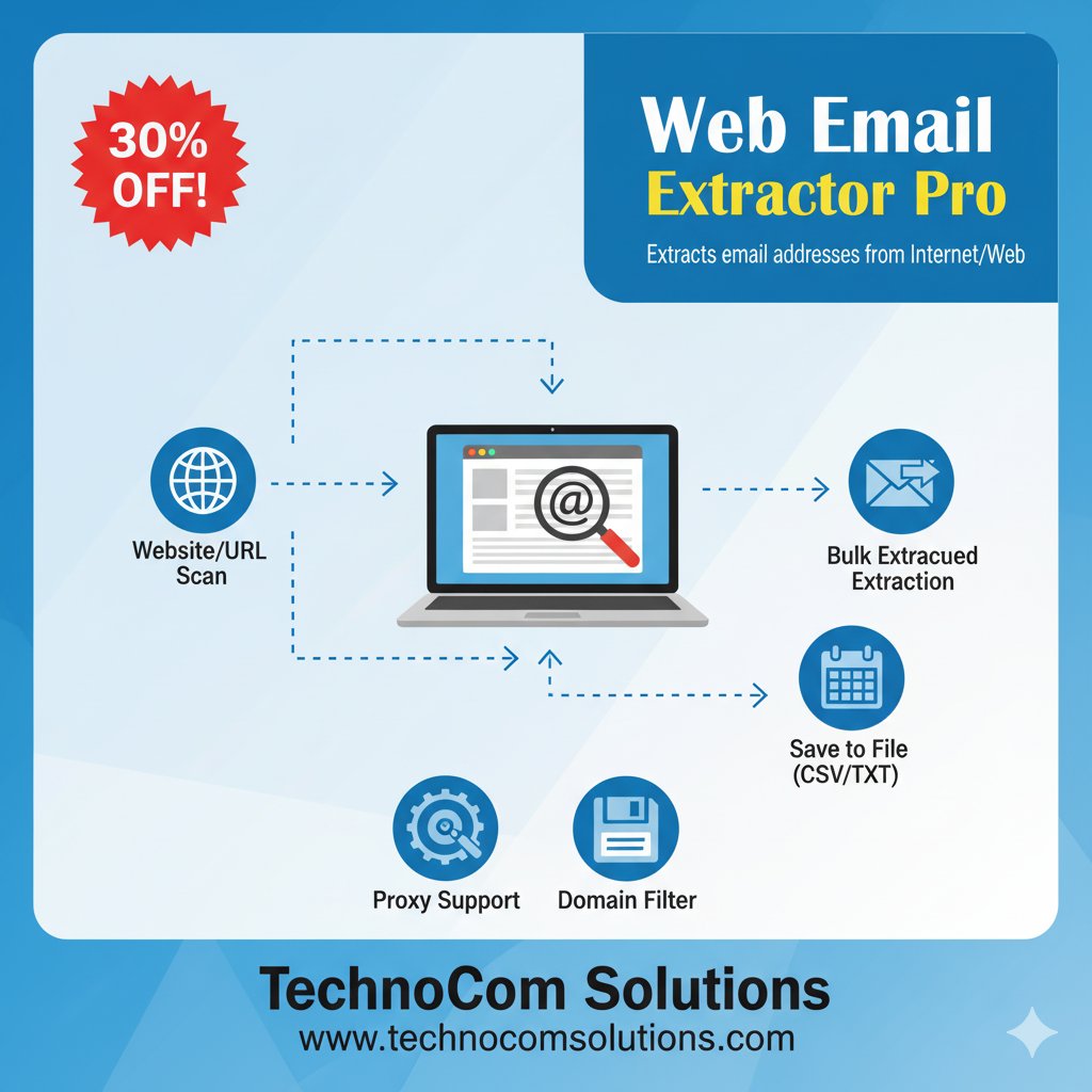TechnocomS's tweet image. Get your marketing campaigns running with our Web Email Extractor Pro software and save a huge 30% OFF for a limited time! Build your contact list fast, legally, and efficiently. Grab the deal now: lnkd.in/grJyQnnE #EmailMarketing #LeadGeneration #DataExtractor #TechnoCom