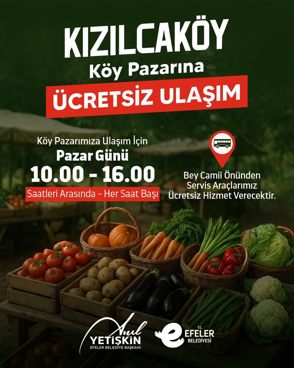 28 Eylül Pazar günü, 10.00 ile 16.00 saatleri arasında her saat başı Bey Camii önünden Kızılcaköy Pazar Yerimize ücretsiz servis araçlarımız kalkacaktır.

Tüm hemşehrilerimizi köy pazarımıza davet ediyoruz.