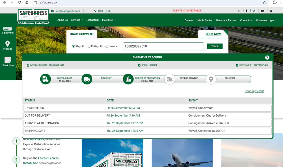 educlear's tweet photo. Do not book any parcel from Safexpress their service is worst, totally unaccountable and irresponsible. They put fake deliveries and the user have to suffer for unnecessary delay in deliveries. Call centre also worst.
@Safexpress7452 @SafexpressB2C @Safexpress @couriermail https://t.co/hilx0C2OY9