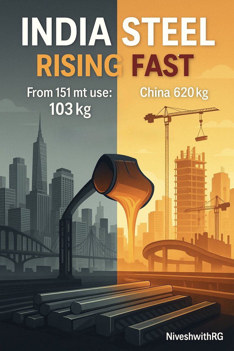 🧵 𝗜𝗻𝗱𝗶𝗮 𝗦𝘁𝗲𝗲𝗹 𝗦𝘁𝗼𝗿𝘆: 𝗚𝗿𝗼𝘄𝘁𝗵, 𝗣𝗿𝗼𝘁𝗲𝗰𝘁𝗶𝗼𝗻, 𝗮𝗻𝗱 𝗜𝗻𝘃𝗲𝘀𝘁𝗶𝗻𝗴 𝗢𝗽𝗽𝗼𝗿𝘁𝘂𝗻𝗶𝘁𝗶𝗲𝘀

💡𝗪𝐡𝐲 𝗦𝐭𝐞𝐞𝐥 𝗠𝐚𝐭𝐭𝐞𝐫𝐬

Steel is the backbone of every economy.
Roads, bridges, housing, cars, factories all need steel.

👉 India consumes