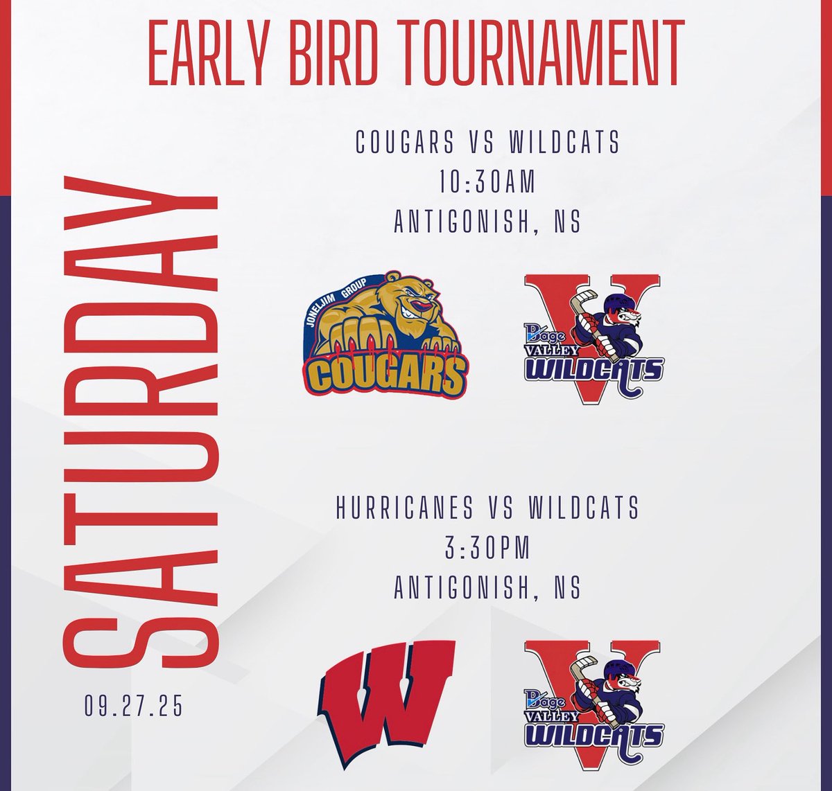 RISE N’ SHINE!

It’s game(s)day as we travel to Antigonish for the annual NSU15MHL Early Bird weekend as we look to finalize our roster for the 2025-26 season!

First we take on the Cougars at 10:30am, followed by a 3:30pm matchup with the Hurricanes.