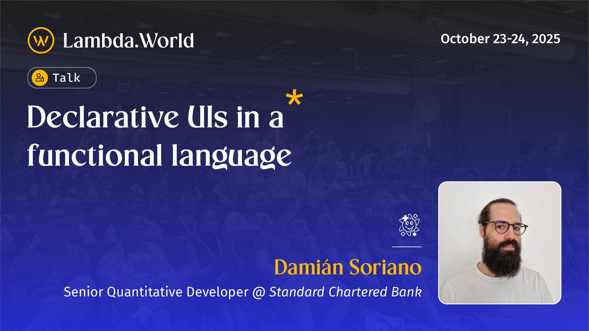 Lambda_World's tweet image. See You in the UI Lane, Lambda World!!
What if building user interfaces could be simple, declarative and actually work at scale?
In this talk, Damián Soriano takes us inside a UI library his team has been crafting for over a decade at Standard Chartered Bank.
Damián will walk…