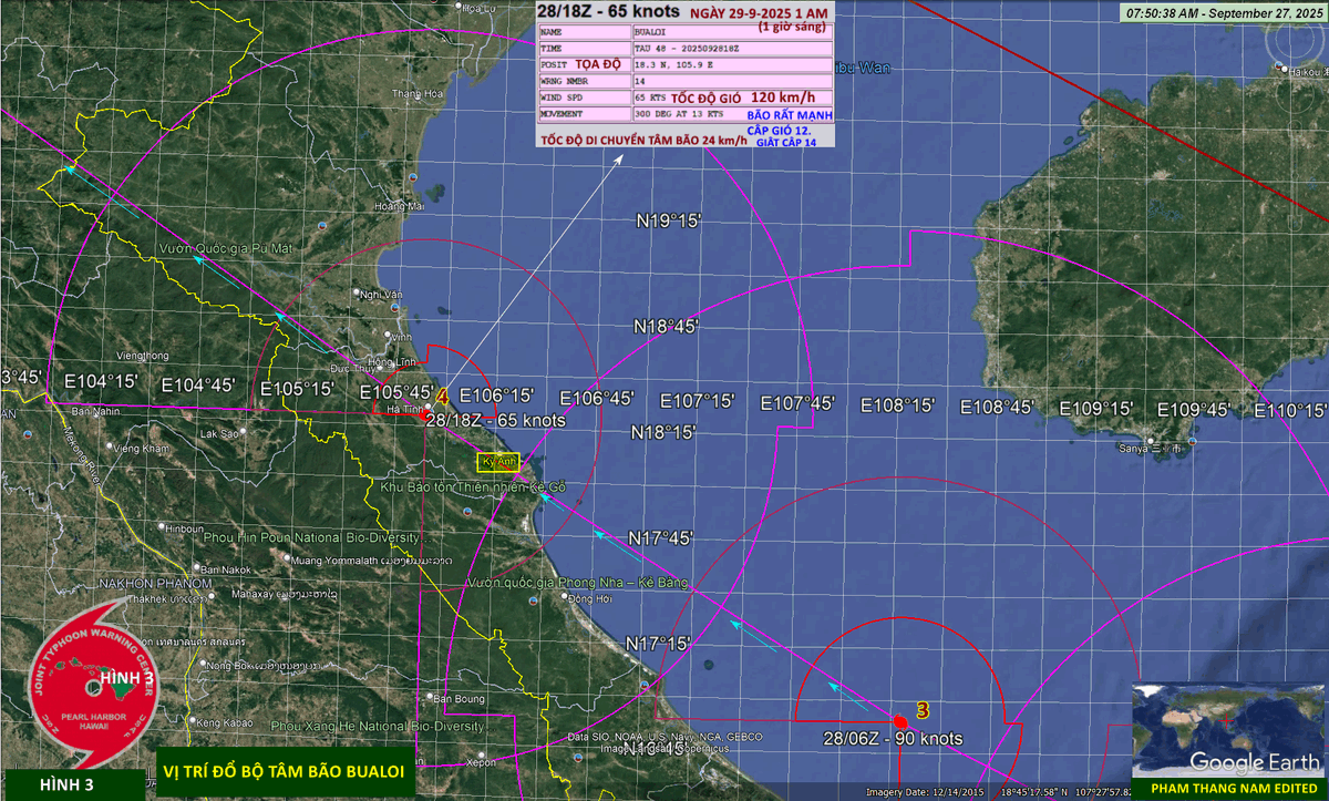 The eye path of typhoon "BUALOI". The eye of the typhoon is predicted to make landfall in the KY ANH, HA TINH province-Vietnam at around 1 a.m. on Sept.29, 2025 with wind speeds of 120 km/h, eye movement 300 deg. at 24 km/h. Details in facebook.com/phamthangnam.3…