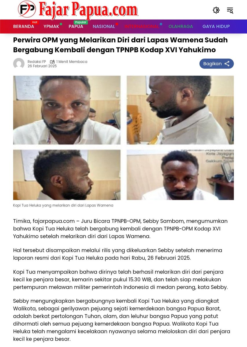 KagoyaSilas's tweet image. Setelah kabur dari tahanan Lapas Kelas IIB Wamena provinsi #PapuaPegunungan, Penihas Heluka (Kopitua Heluka) anggota kelompok kriminal bersenjata (KKB) langsung bergabung kembali ke #TPNPB_OPM #Yahukimo dan melakukan penyerangan kepada warga sipil penambang emas
#PapuaIndonesia