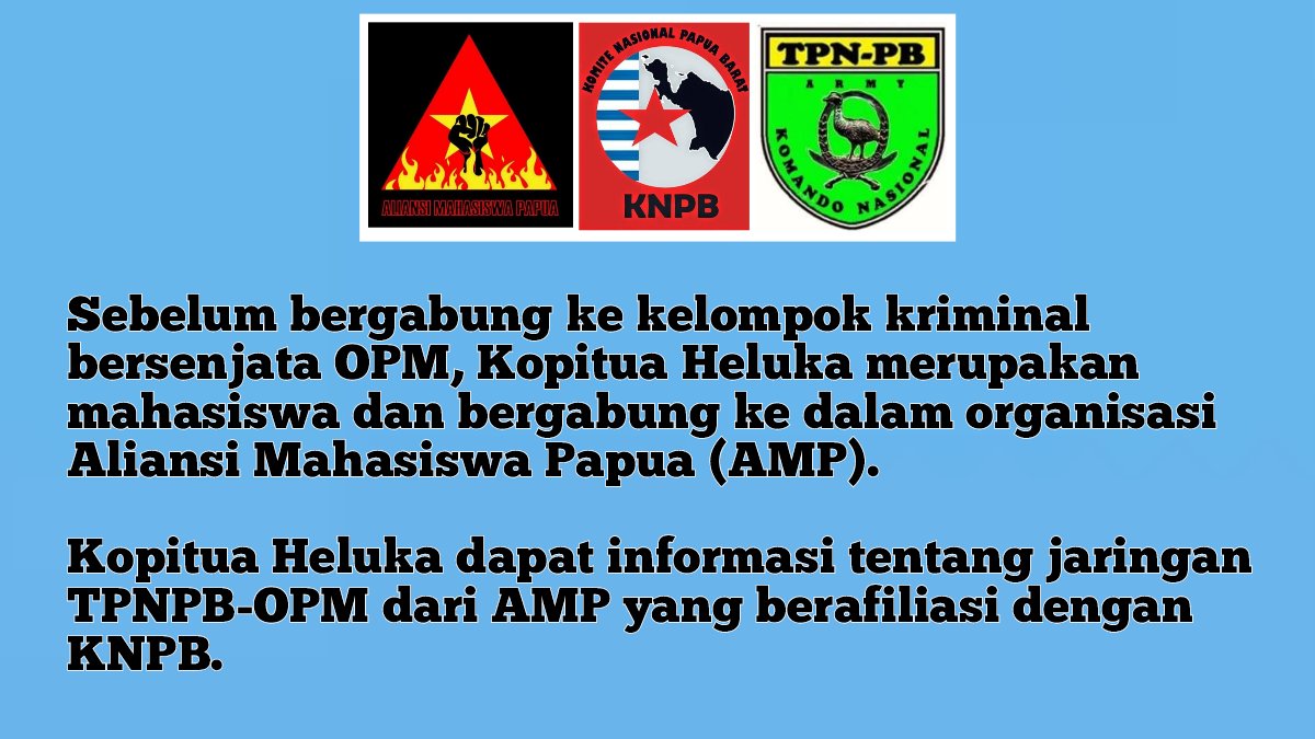 KagoyaSilas's tweet image. Setelah kabur dari tahanan Lapas Kelas IIB Wamena provinsi #PapuaPegunungan, Penihas Heluka (Kopitua Heluka) anggota kelompok kriminal bersenjata (KKB) langsung bergabung kembali ke #TPNPB_OPM #Yahukimo dan melakukan penyerangan kepada warga sipil penambang emas
#PapuaIndonesia